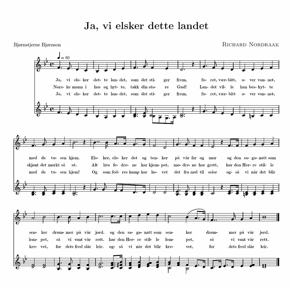 Musical score of the Norwegian national anthem: The music was composed by Rikard Nordraak, and the lyrics were written by Bjørnstjerne Bjørnson.