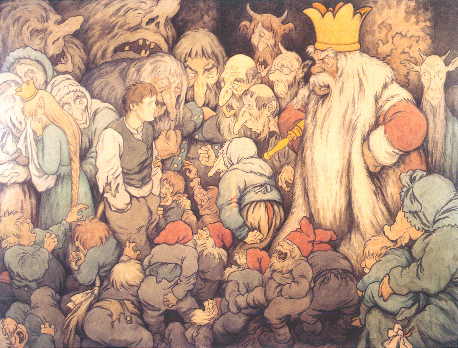 Akwarela Theodora Kittelsena „Peer Gynt w sali Dovregubbena” (1913). Dovregubben to potężny król trolli w sztuce Peer Gynt